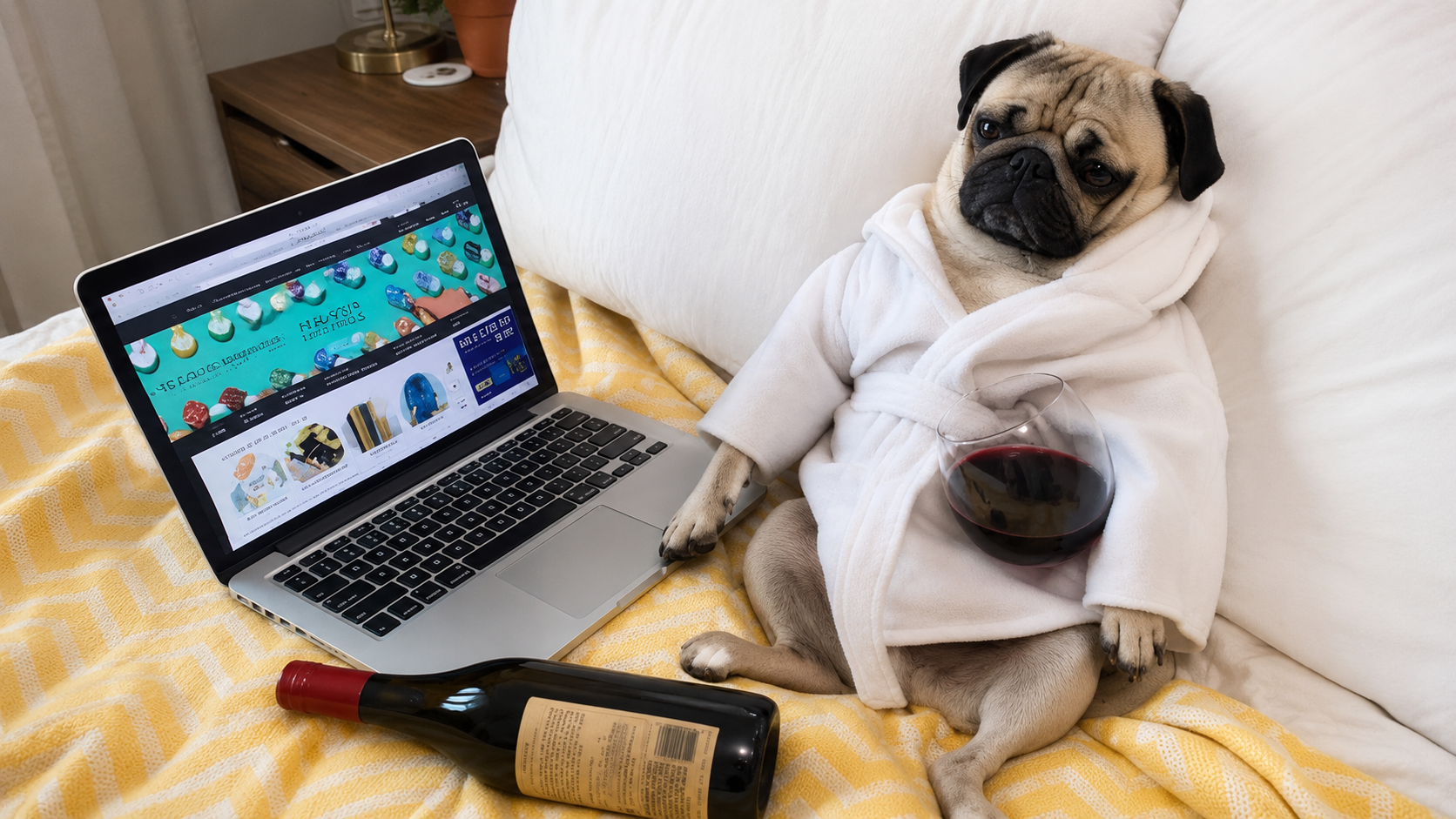 A pug in a fluffy white bathrobe relaxing on a sofa with a glass of wine.