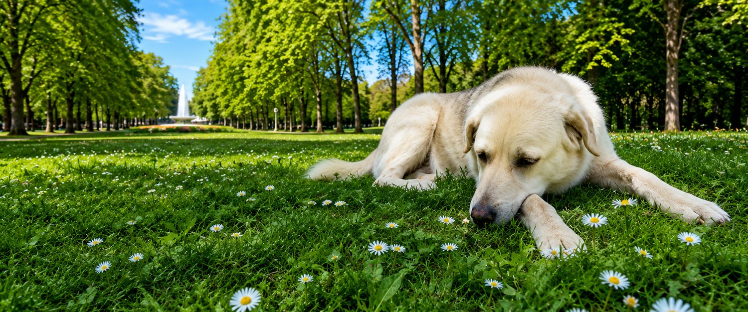 A pale Labrador resting in a sunny park meadow scattered with daisies.