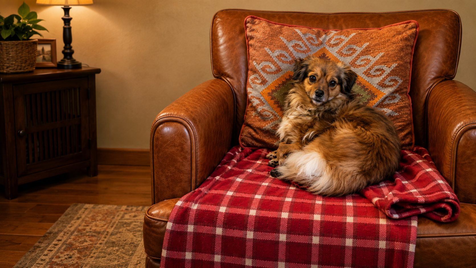 Ana, a Penny's Ark rescue dog from Romania, settled in her UK home, resting on a red plaid blanket on a leather armchair.